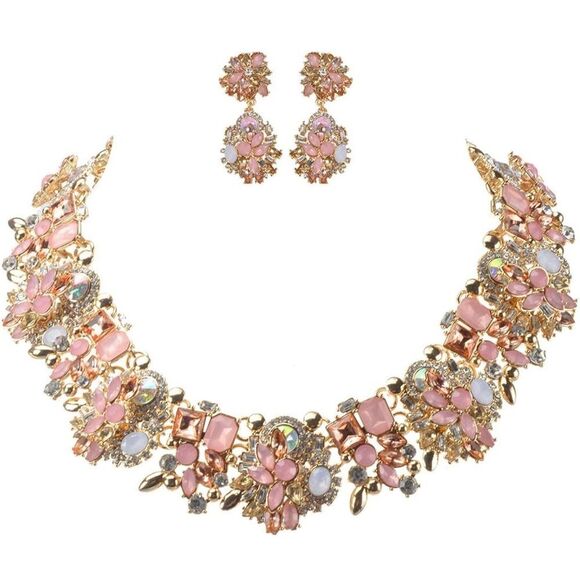 Crystal Rhinestone Statement Choker Bib Statement Necklace Earring Jewelry Set - Picture 1 of 13
